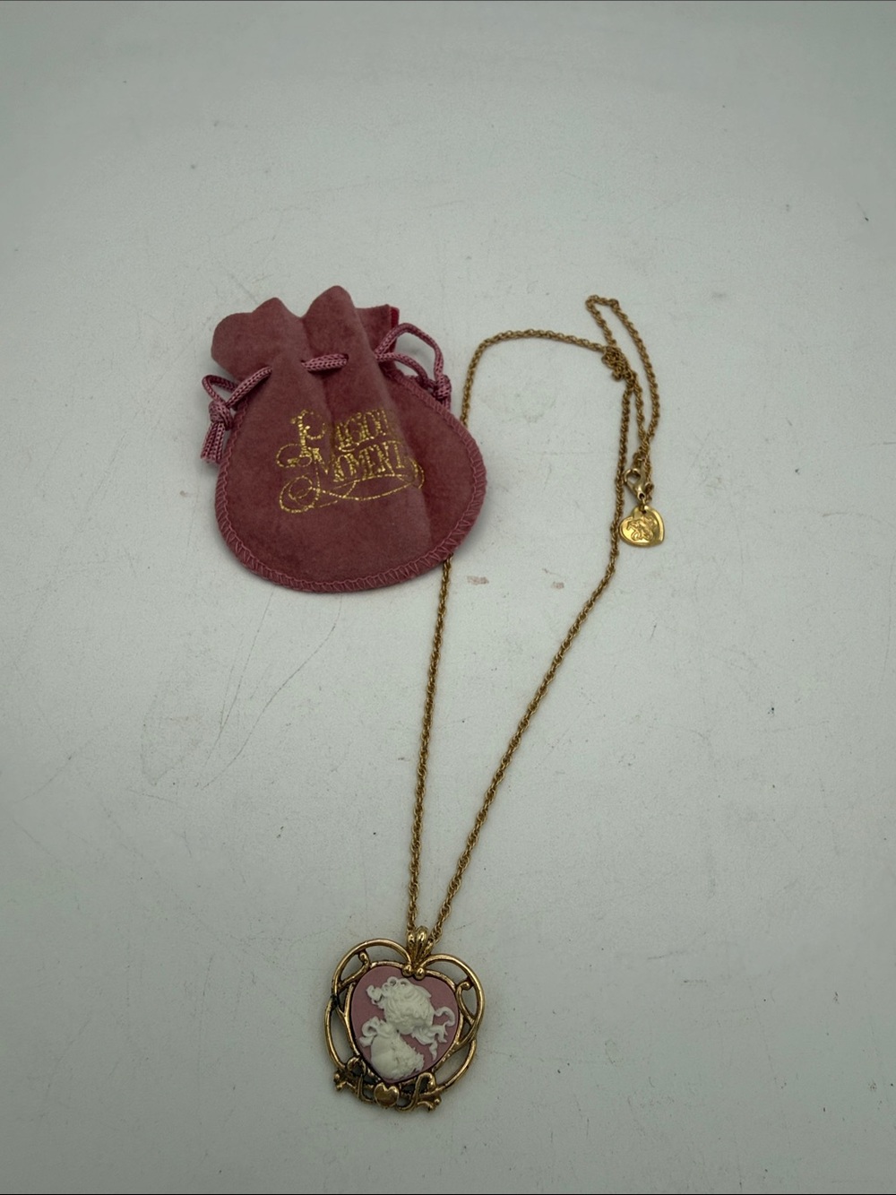 Precious Moments pink cameo goldtone necklace w/ pouch